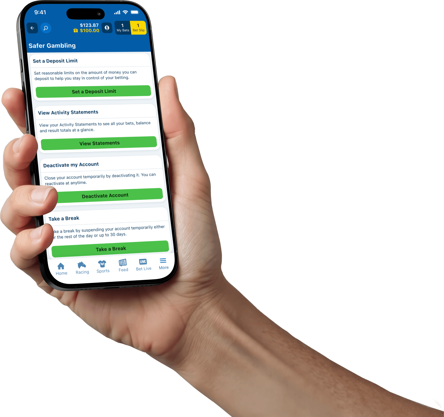 A hand holding a phone showing the Sportsbet app's safer gambling tools, including deposit limits and take a break